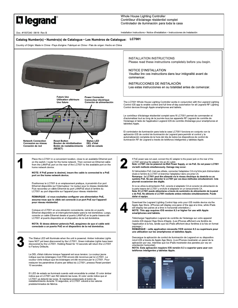 Page 1 de la notice Fiche technique On-Q LC7001