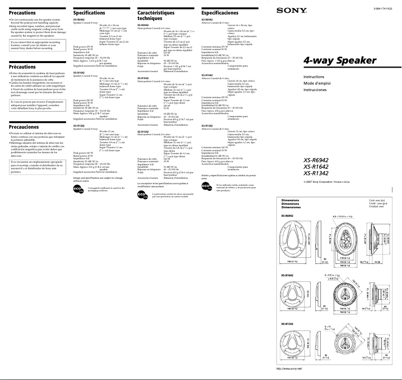 Page 1 de la notice Manuel utilisateur Sony XS-R6942