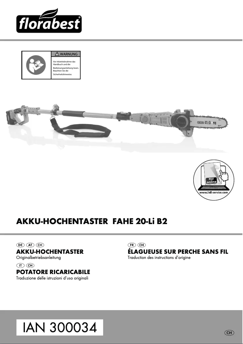 Page 1 de la notice Manuel utilisateur Florabest FAHE 20-Li B2