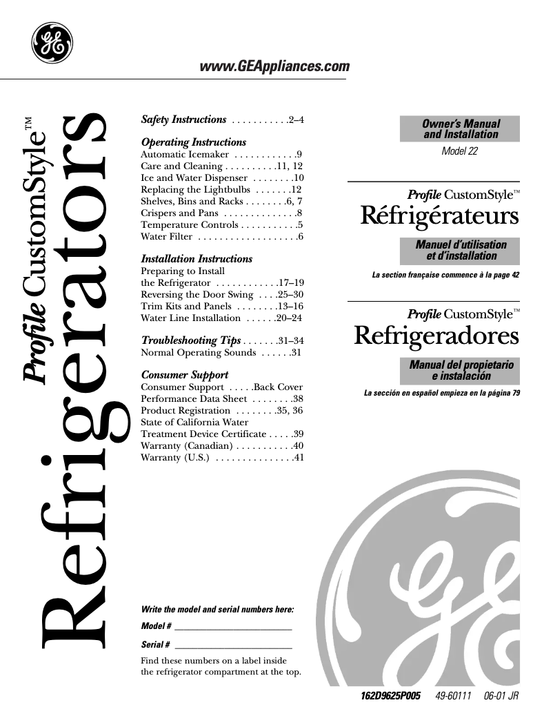 Page n°1 - Guide d'installation GE Profile CustomStyle PTI22SFMLBS