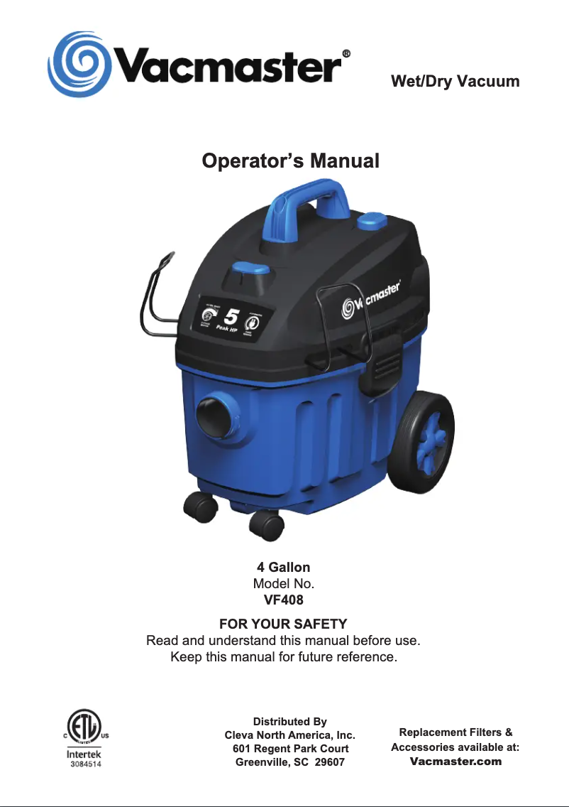 Page 1 de la notice Manuel utilisateur Vacmaster VF408
