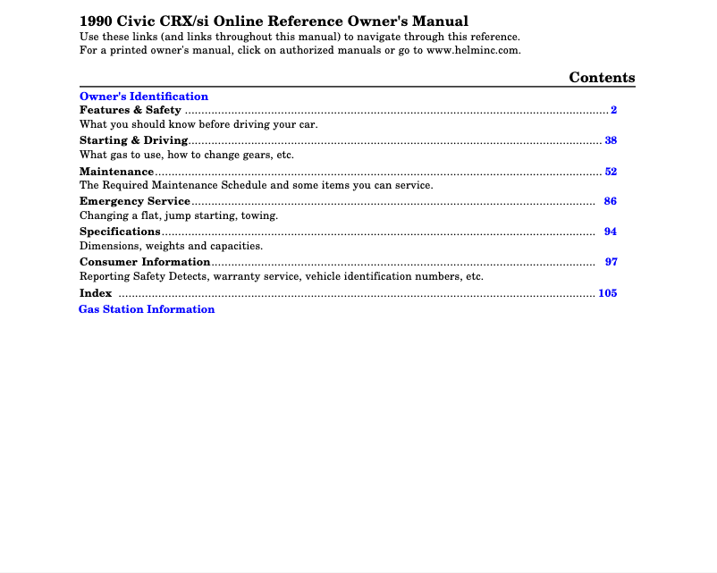 Page 1 de la notice Manuel utilisateur Honda CRX (1990)
