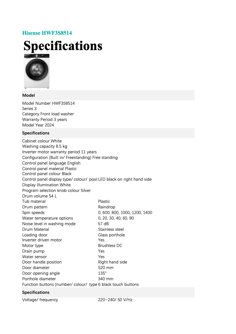 Page 1 de la notice Fiche technique Hisense HWF3S8514