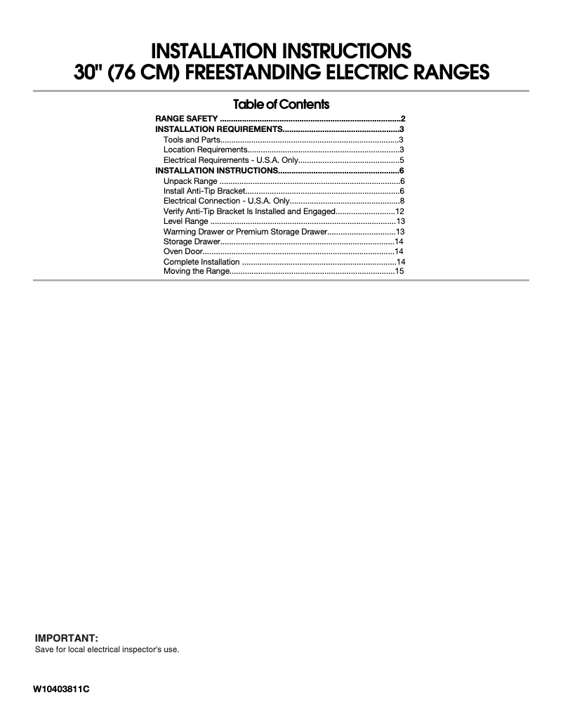 Page 1 de la notice Guide d'installation Whirlpool WFE515S0ES