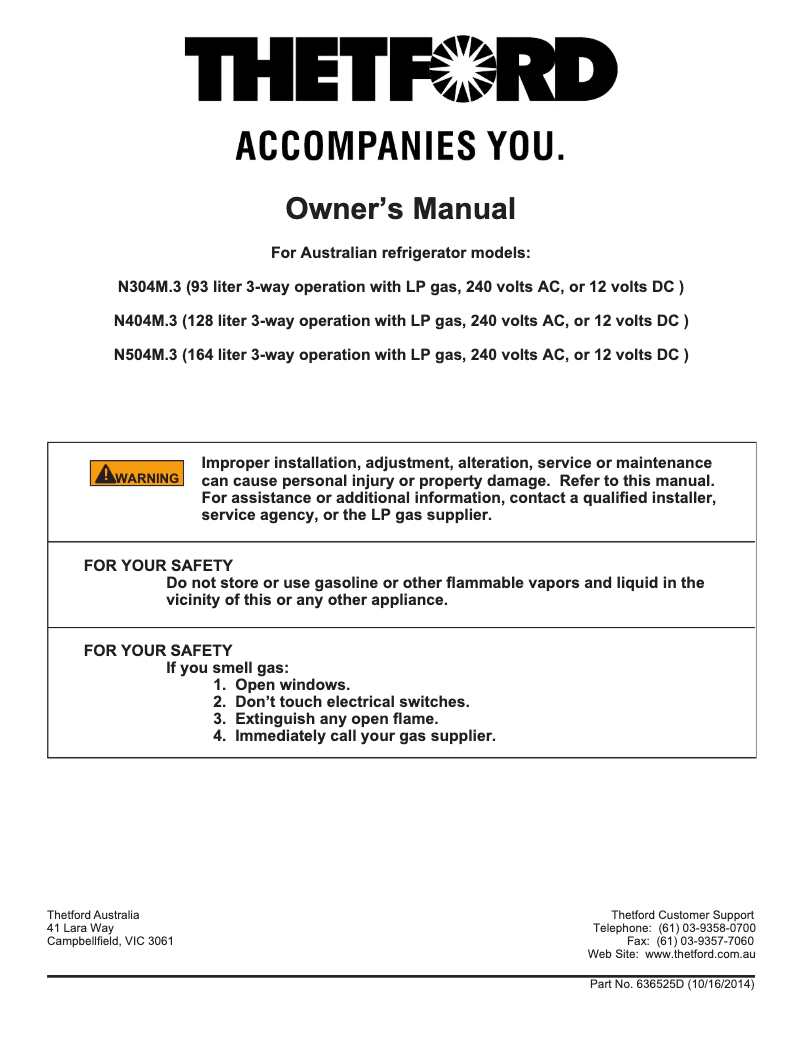 Page 1 de la notice Manuel utilisateur Thetford N304M.3