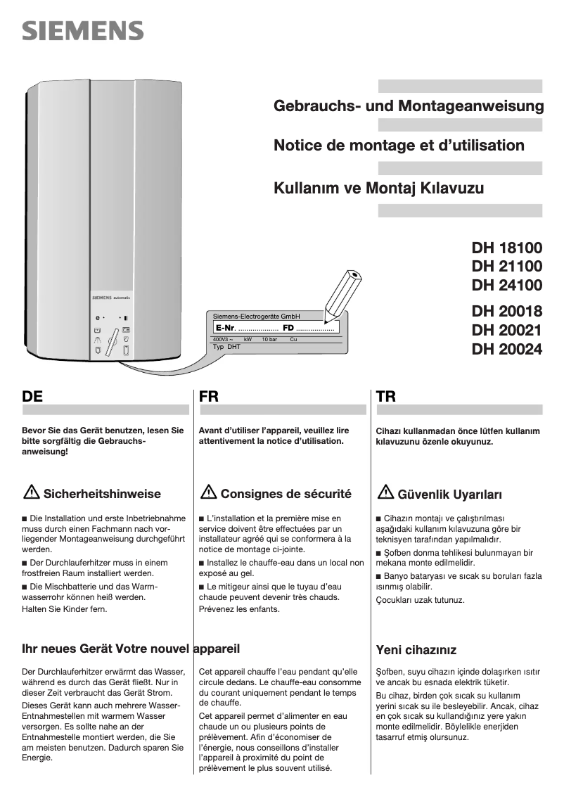Page 1 de la notice Manuel utilisateur Siemens DH18100
