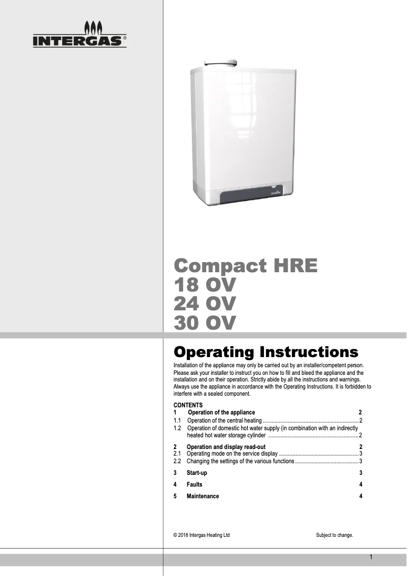 Page 1 de la notice Manuel utilisateur Intergas Compact HRE 18 OV