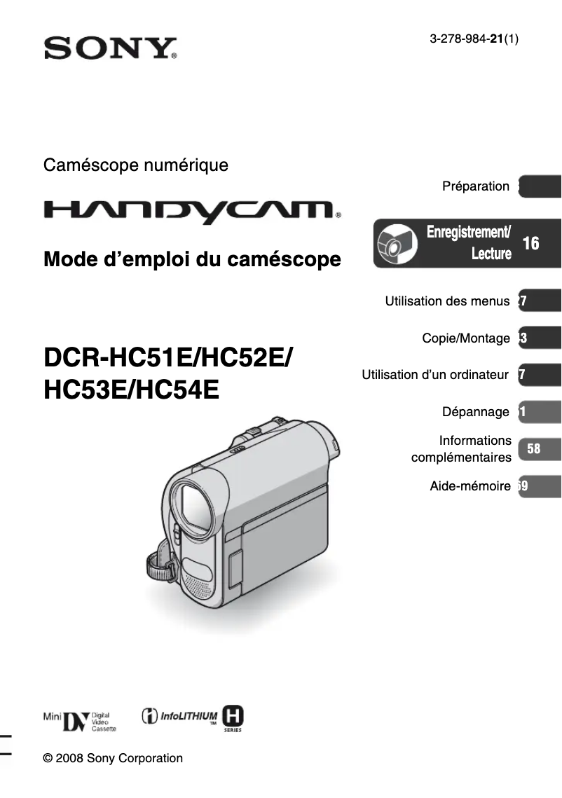 Page 1 de la notice Manuel utilisateur Sony DCR-HC52E