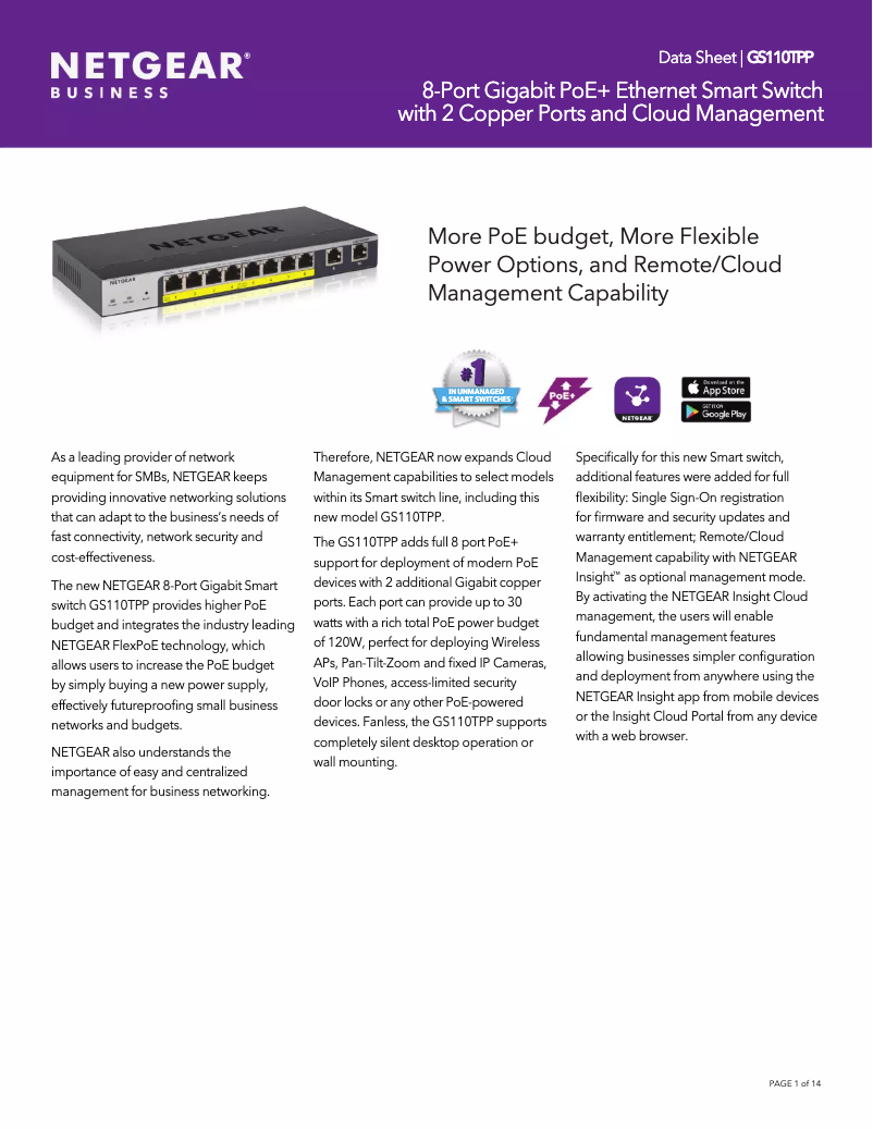 Page 1 of the manual Technical Sheet Netgear GS110TPP