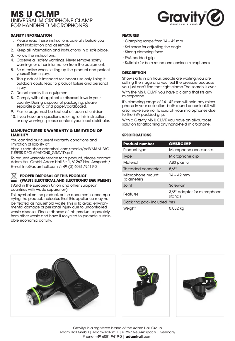 Page 1 de la notice Manuel utilisateur Gravity MS U CLMP