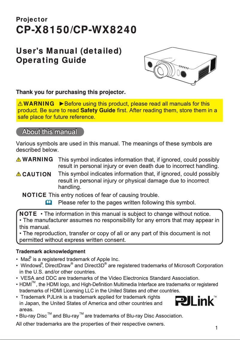 Image de la première page du manuel de l'appareil CP-WU8450