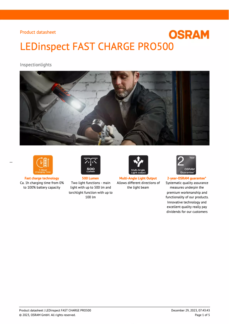 Page 1 de la notice Fiche technique Osram LEDinspect FAST CHARGE PRO500