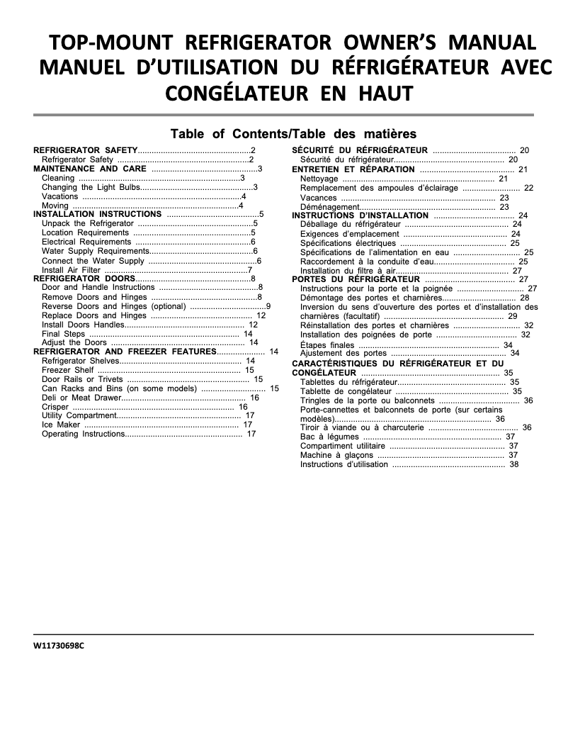 Page 1 de la notice Guide d'installation Whirlpool WRT148FZDB