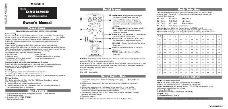 Page n°1 - Manuel utilisateur Mooer Micro Drummer