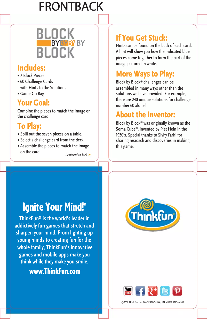 Page 1 de la notice Manuel utilisateur ThinkFun Block By Block