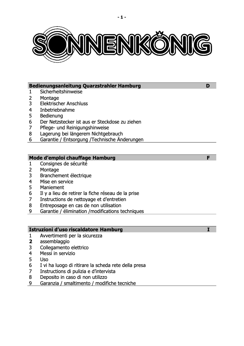 Page 1 de la notice Manuel utilisateur Sonnenkönig Hamburg