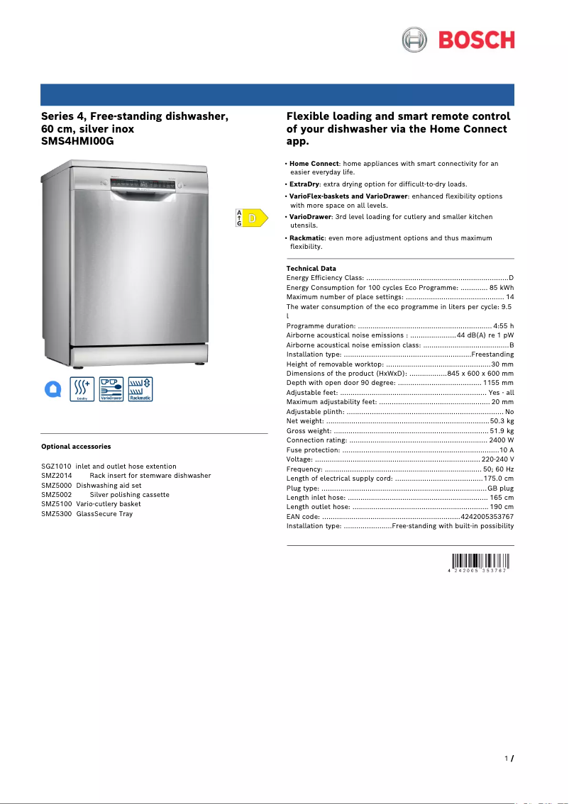 Page 1 of the manual Technical Sheet Bosch SMS4HMI00G