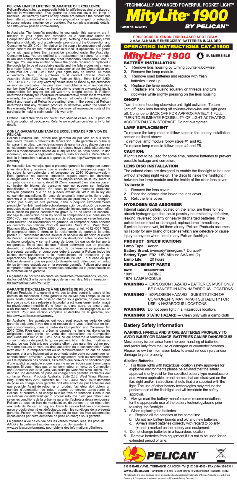 Page 1 de la notice Manuel utilisateur Pelican MityLite 1900