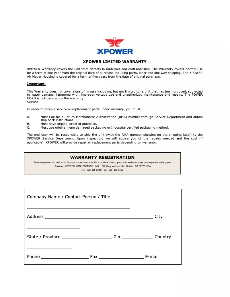 Page 1 of the manual Warranty Information XPower XD-125