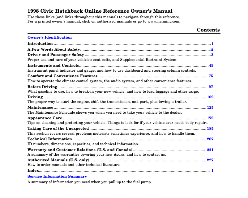 Page 1 de la notice Manuel utilisateur Honda Civic GX (1998)