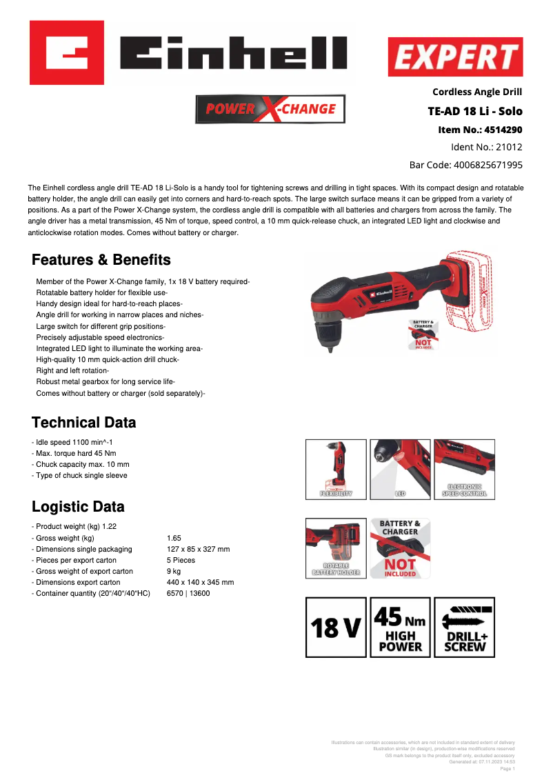Page n°1 - Fiche technique Einhell TE-AD 18 Li