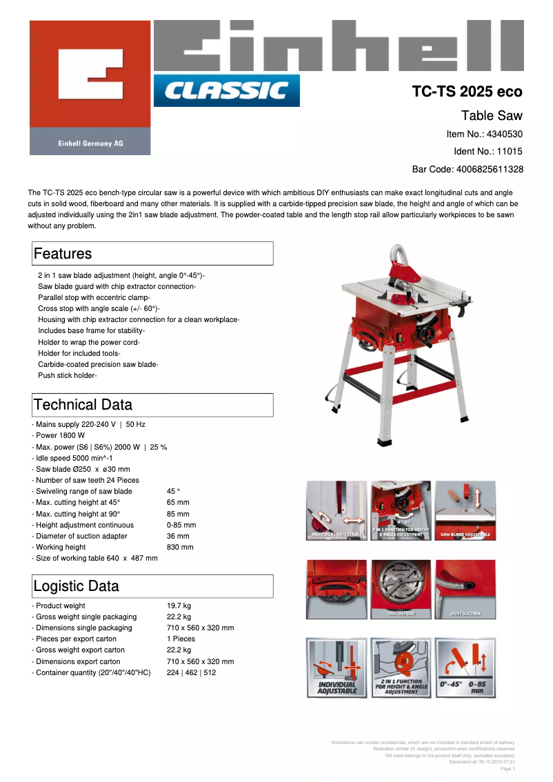 Page 1 de la notice Fiche technique Einhell TC-TS 2025/2 eco
