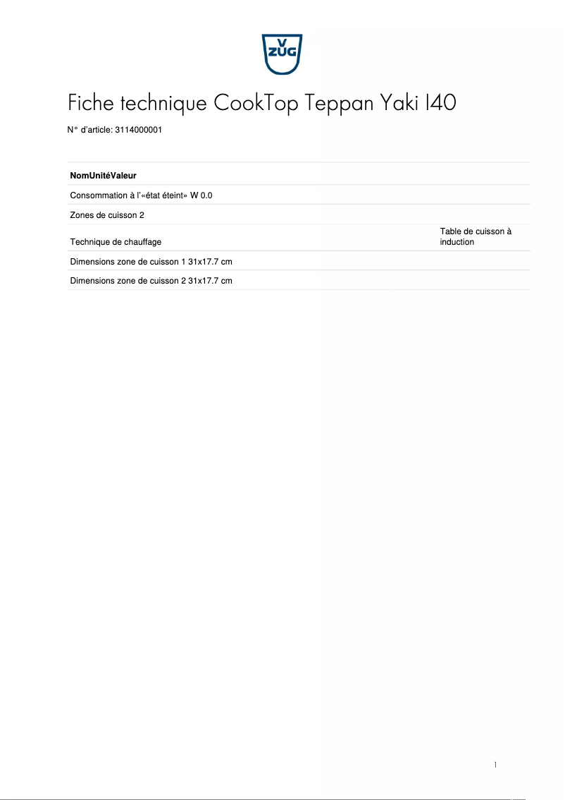 Page 1 of the manual Technical Sheet V-Zug CookTop Teppan Yaki I40