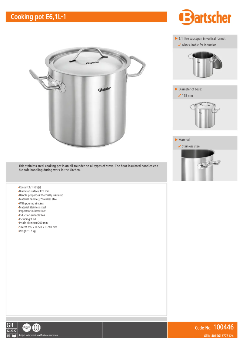 Page n°1 - Fiche technique Bartscher 100446