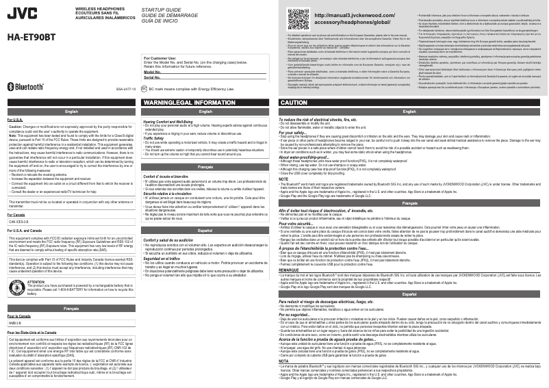 Page 1 de la notice Manuel utilisateur JVC HA-ET90BT