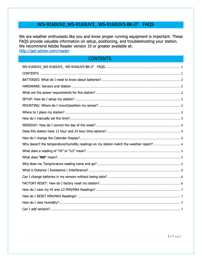 Page n°1 - FAQ La Crosse Technology WS-9160Uv3-BK-IT