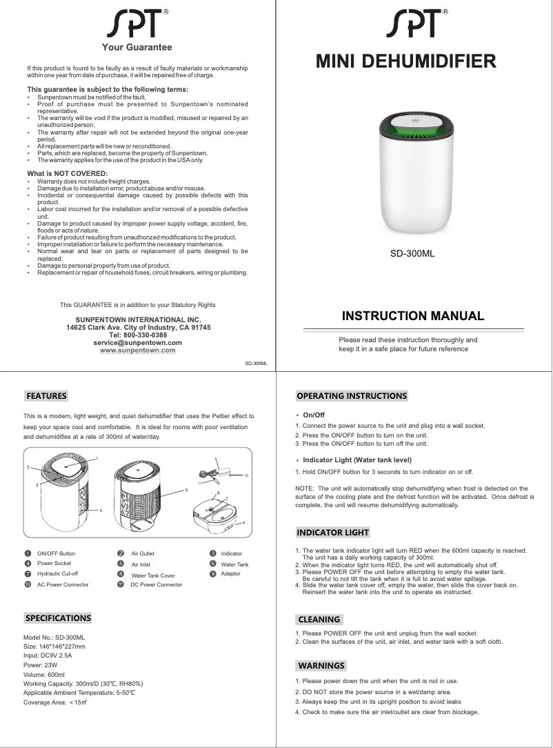 Page 1 de la notice Manuel d'utilisation et d'entretien SPT SD-300ML