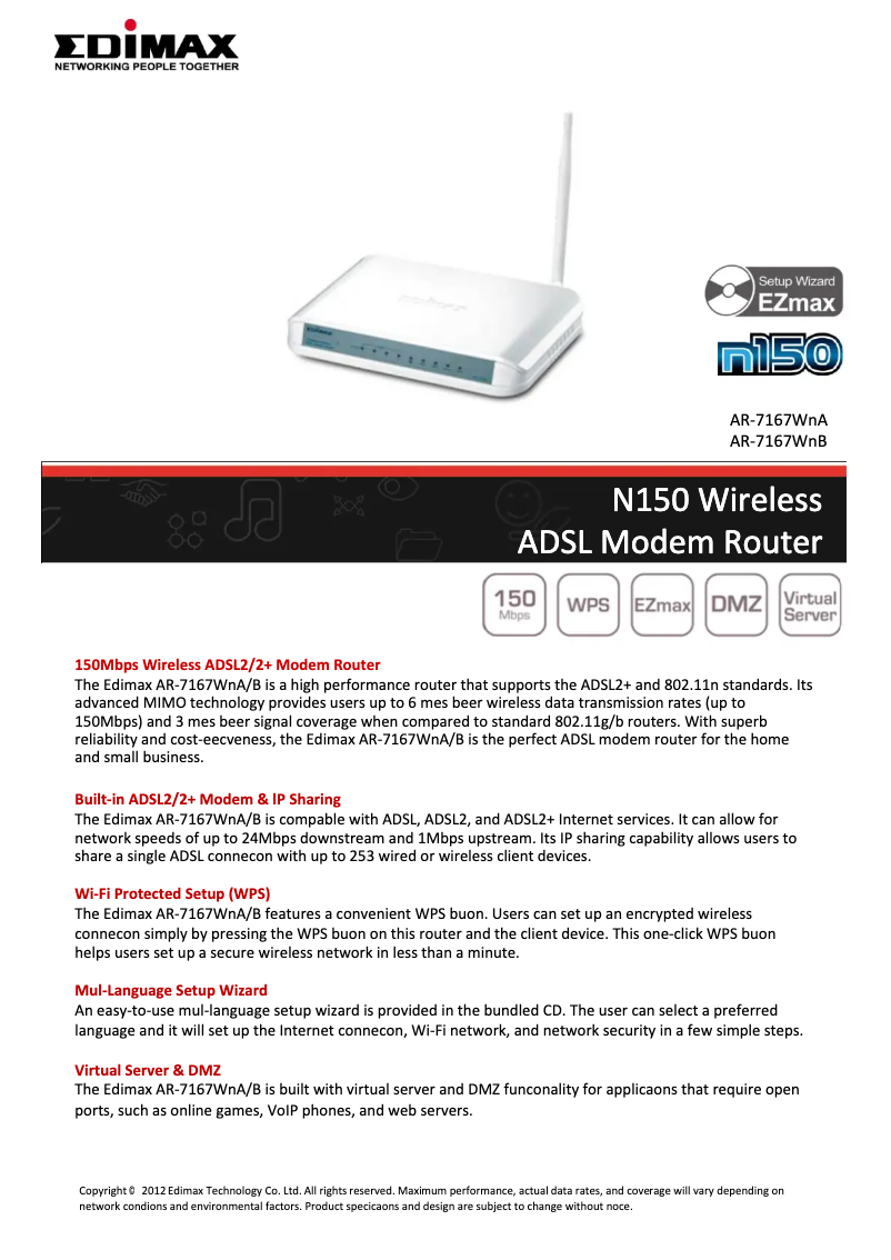 Page 1 de la notice Fiche technique Edimax AR-7167WnB