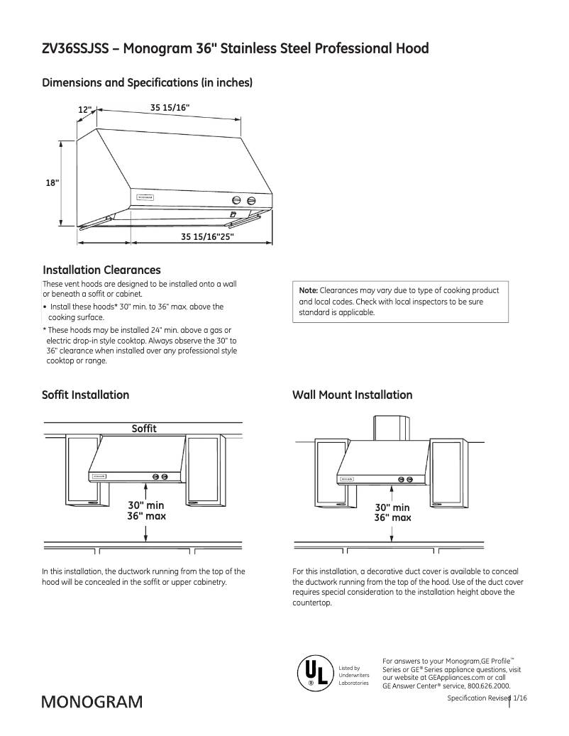 Page 1 de la notice Fiche technique Monogram ZV36SSJSS
