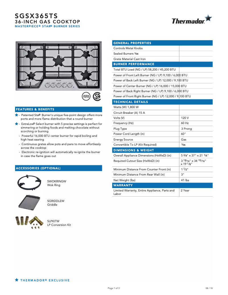 Page n°1 - Fiche technique Thermador SGSX365TS