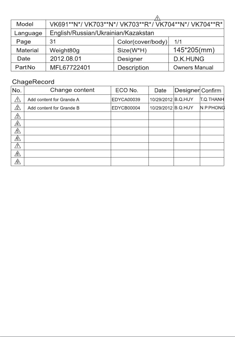 Page 1 de la notice Manuel utilisateur LG VK69165NU