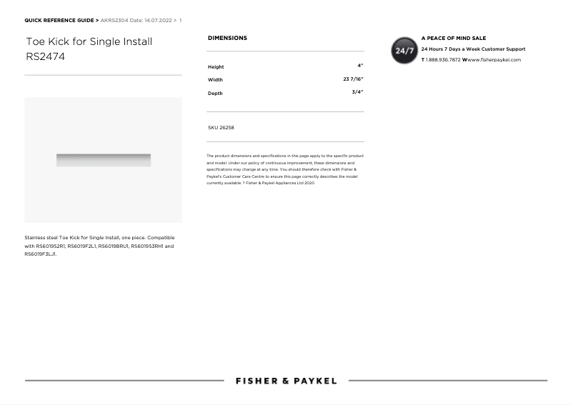 Page 1 de la notice Manuel utilisateur Fisher & Paykel AKRS2304