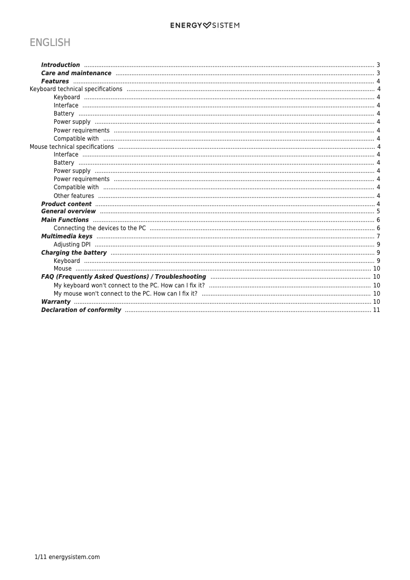 Page 1 de la notice Manuel utilisateur Energy Sistem Office Wireless Set 3 Silent