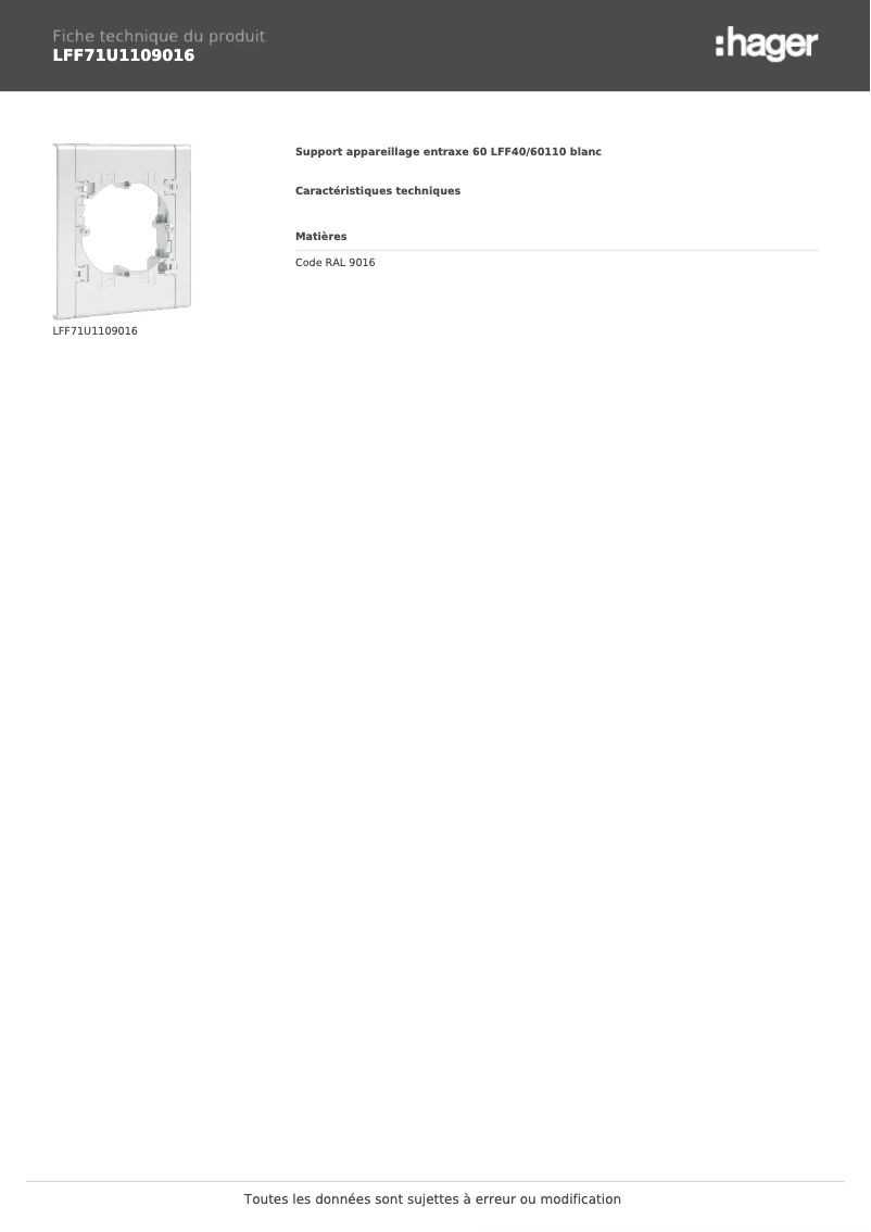 Page 1 de la notice Fiche technique Hager LFF71U1109016