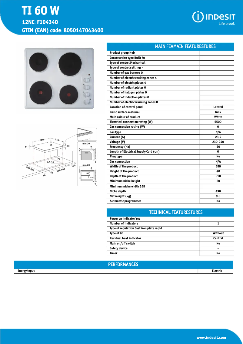 Page 1 de la notice Fiche technique Indesit TI 60 W