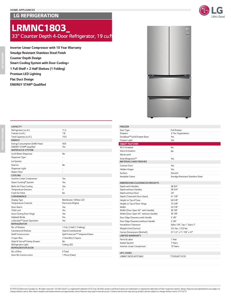 Page 1 de la notice Fiche technique LG LRMNC1803S