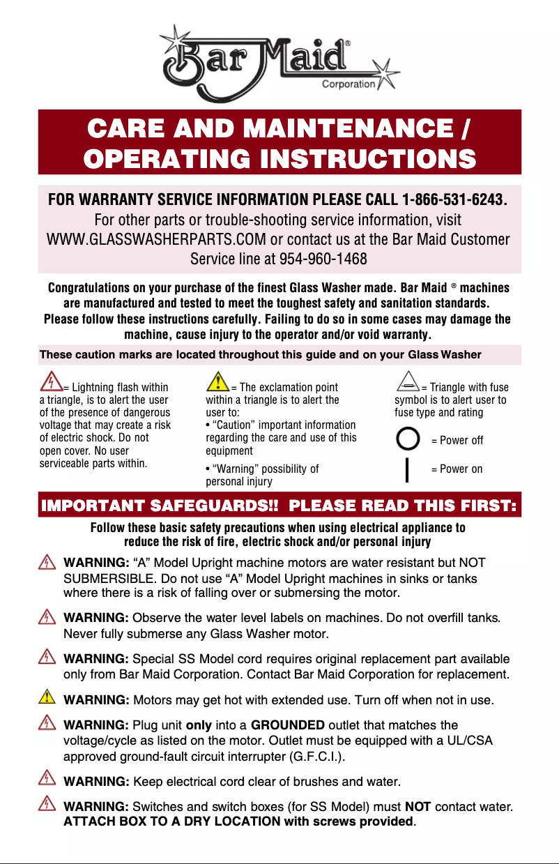 Page 1 de la notice Manuel utilisateur Bar Maid SS-100