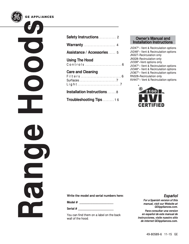 Page n°1 - Manuel d'utilisation et d'entretien GE JV347HCC