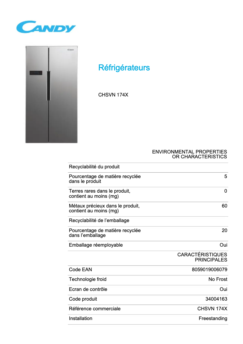Page 1 de la notice Fiche technique Candy CHSVN 174X