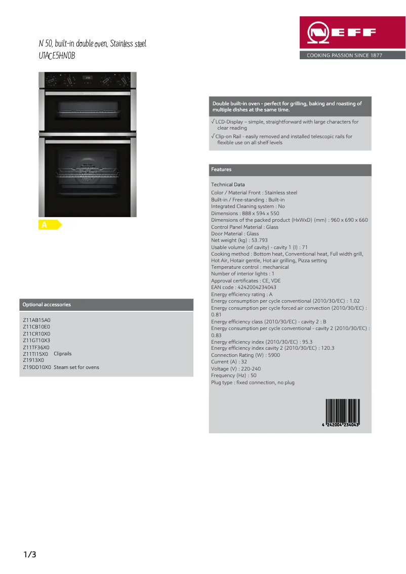 Page 1 de la notice Fiche technique Neff U1ACE5HN0B