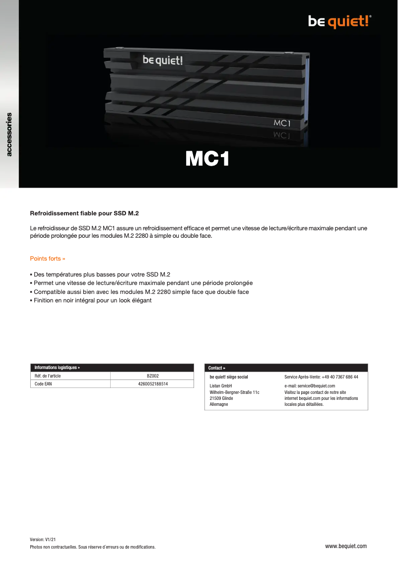 Página 1 del manual Ficha técnica Be Quiet! MC1