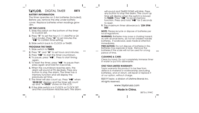 Page n°1 - Manuel utilisateur Taylor 5873