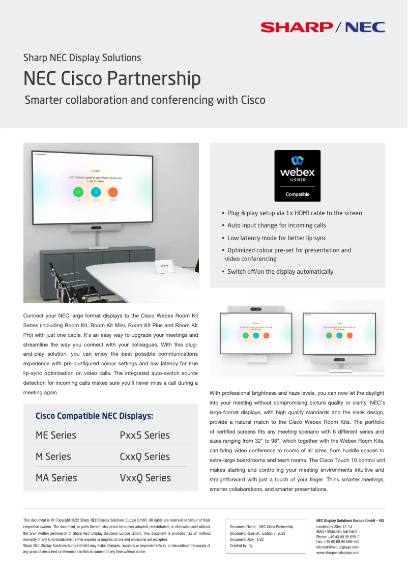 Page 1 de la notice Brochure NEC MultiSync V864Q