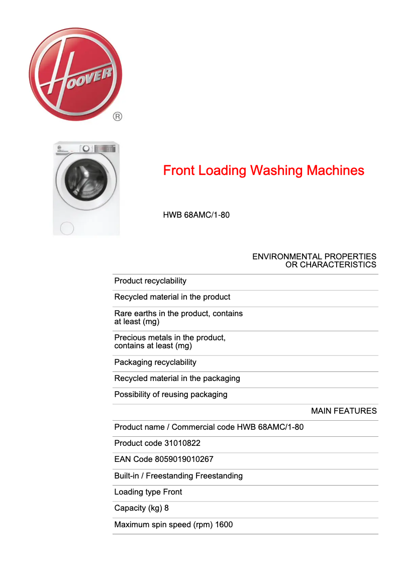Page n°1 - Fiche technique Hoover H-WASH 500 HWB 68AMC/1-80
