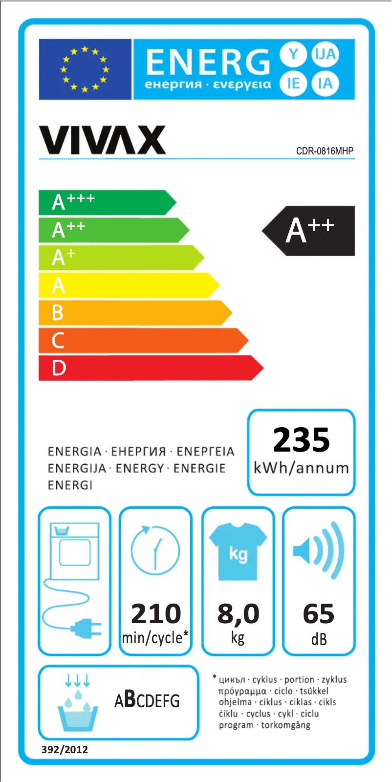 Page 1 de la notice Label énergétique Vivax CDR-0816MHP