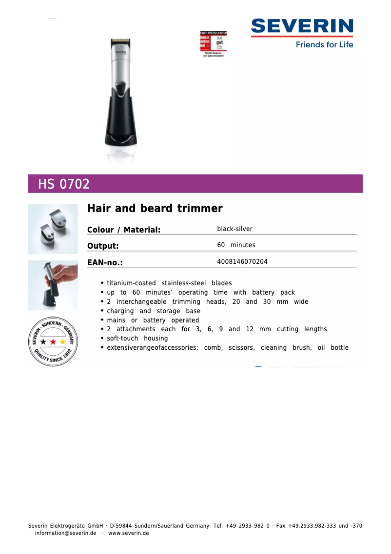 Página 1 del manual Ficha técnica Severin HS 0702